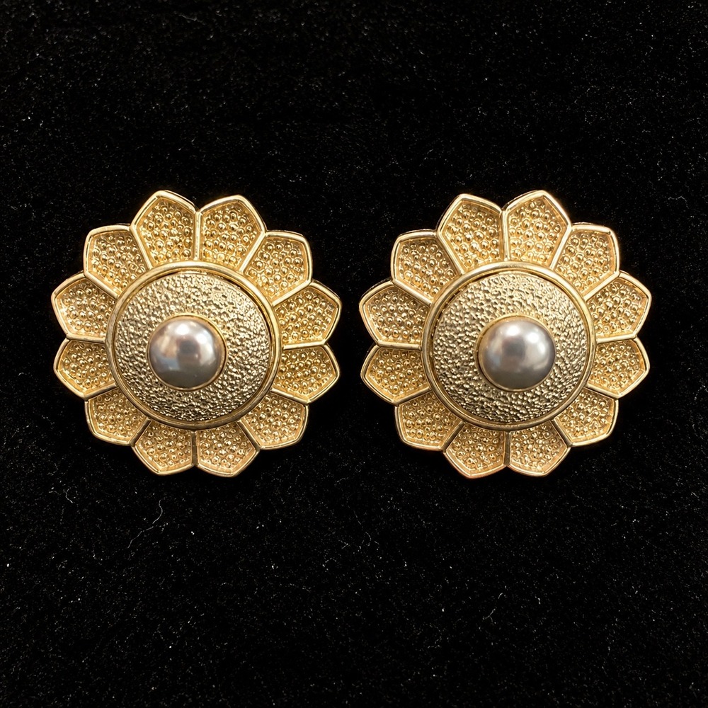 Vendome Clip On Earrings Vtg Gold Tone Sunburst Floral Textured MCM Signed